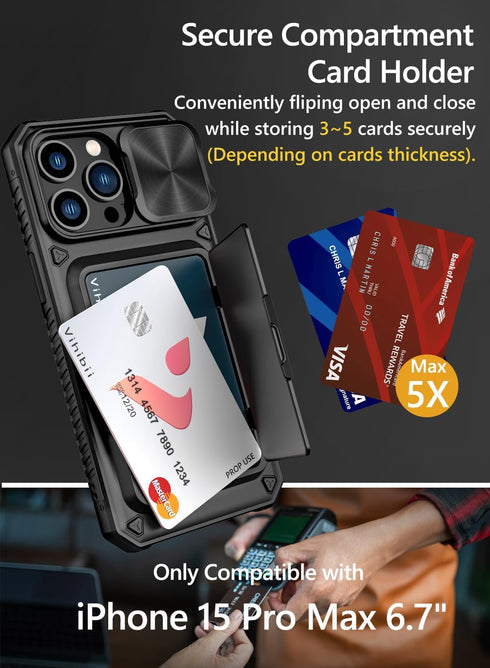 Vihibii for iPhone 15 Pro Max Case with Card Holder (4 Cards) & Slide Camera Cover & Kickstand, Military Grade Drop Protection, Rugged Hard Back & Silicone Edge Wallet Phone Case, 6.7" 2023, Black