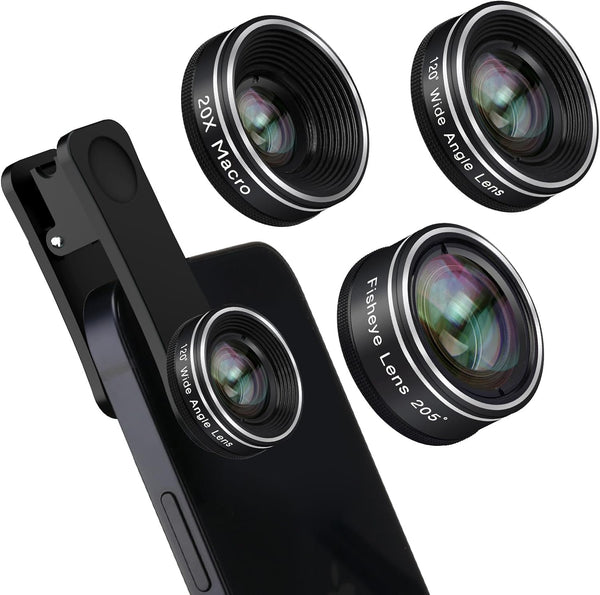 Phone Camera Lens, Godefa 3 in 1 Kit - 205° Fisheye, Macro, 120° Wide Angle Clip on Lens for Smartphones