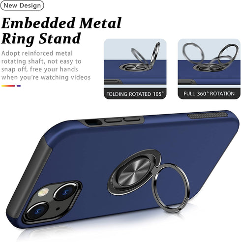 PELEPUES Shockproof Case for iPhone 13, Military Grade Cover with Embedded Finger Ring and Reinforced Metal Stand (Blue)