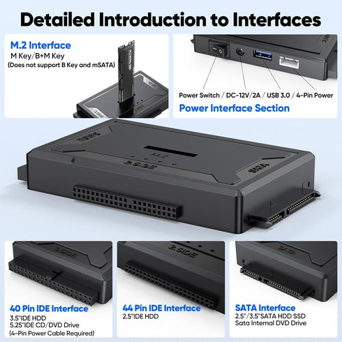 FEMORO 4-in-1, M.2 10Gbps 12V/2A M.2 2.5" 3.5" Hard Drive Reader SATA IDE to USB Docking Station, NVME Dock, Computer