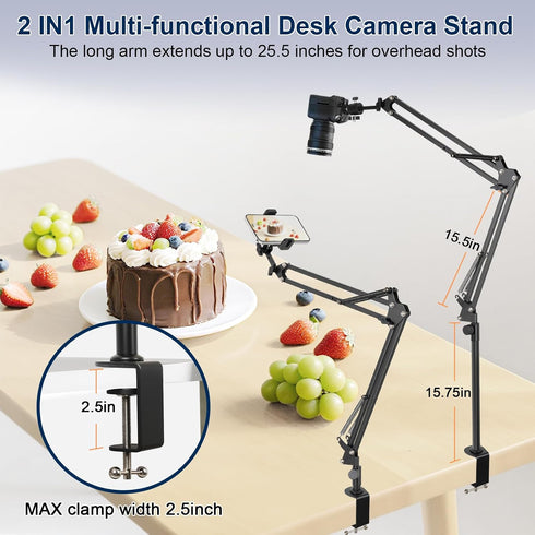 juttilax 360 5lb,Desk Overhead Camera Mount,Camera Desk Mount with Adjustable Arm and Phone Holder,Max Load-Bearing