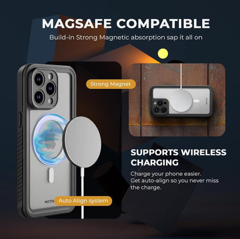 MOTIVE Waterproof Case for iPhone 15 Pro Max, Built-in Screen Protector, Compatible with MagSafe, Dustproof,