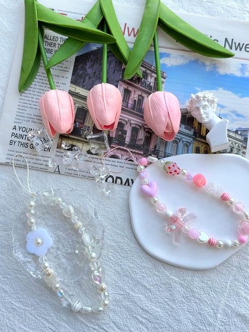 Aesthetic Phone Charms Strap, Kawaii Cute Strawberry Phone Case Charms with Bowknot Heart (Pink)
