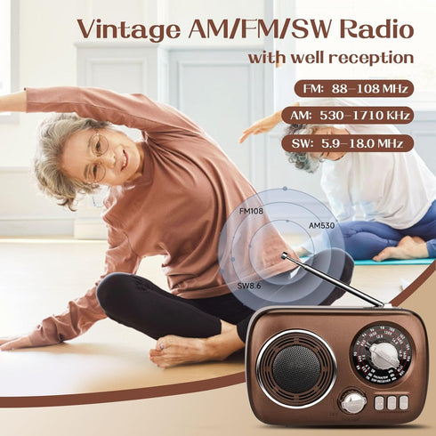 Gelielim Portable AM FM Radio, Bluetooth Speaker Retro Radio, Rechargeable Battery Operated, Suitable for Indoor &