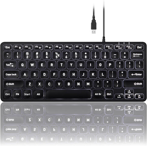 Perixx PERIBOARD-332 Wired Backlit USB Keyboard, Mini Slim Scissor Keys with Big Font, White Illuminated LED