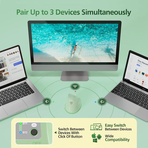 Micropack Vertical Mouse Multi-Device, 3-Mode Bluetooth 5.0 & 3.0 Mouse 2.4G Wireless Mouse with Adjustable DPI & Silent Click for Laptop, MacBook, PC, Windows, Android, iOS, MacOS, Green