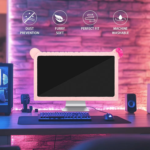 22"-27" Lovely Cute Computer Monitor Cover with Cat Ear Design, Kawaii Display Dust Cover with Furry Design, Elastic