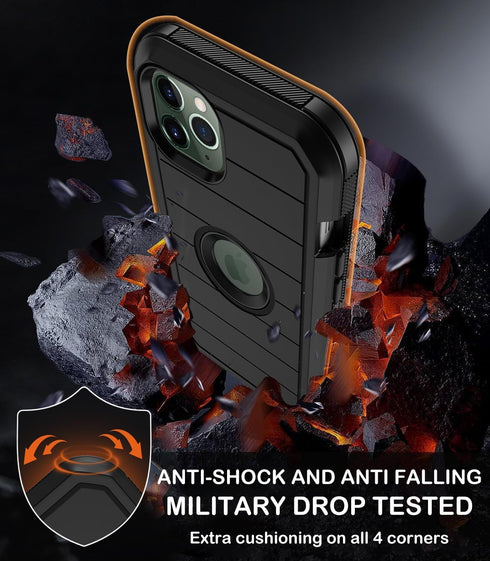 Heavy Duty Case for iPhone 11 Pro Max, with Belt Clip Holster, Built-in Screen Protector, Military Grade Black