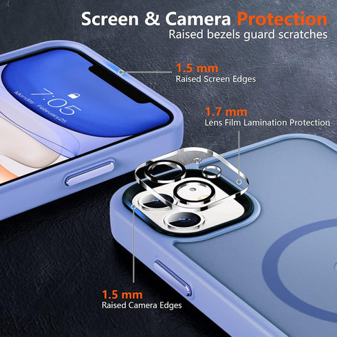 MOCCA iPhone 11 Case - Slim Shockproof, Magnetic, Compatible with MagSafe, Blue + Glass & Camera Lens Protectors.
