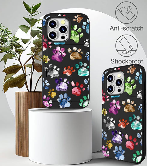 Compatible with iPhone 14 Pro Max Case, Cute Card Holder Slim Wallet Cases for Women, Colorful Doodle Paws
