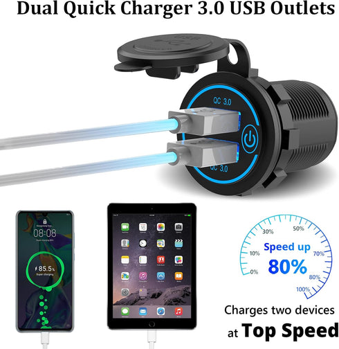 Qidoe 36W Dual QC3.0 USB Power Charger Socket, Waterproof 12V USB Outlet with Touch Switch Car USB Port for RV Motorcycle Boat Marine Truck Golf Cart