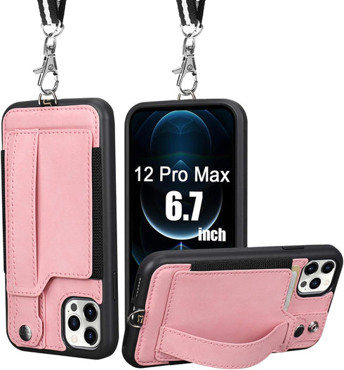 TOOVREN Wallet Case for iPhone 12 Pro Max - Lanyard Case with Leather PU Card Holder, Adjustable Detachable Neck Strap