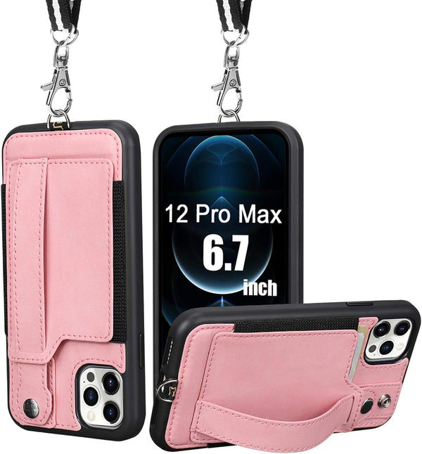 TOOVREN Wallet Case for iPhone 12 Pro Max - Lanyard Case with Leather PU Card Holder, Adjustable Detachable Neck Strap