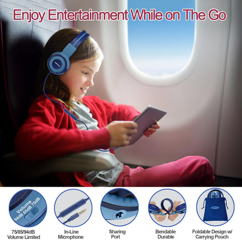SIMOLIO Kids Headphones for School Age, Wired Headsets with Microphone Volume Limiter Sharing Jack, Adjustable & Durable, Tangle-Free Foldable Stereo Headphone for Boys Tablet Travel Blue