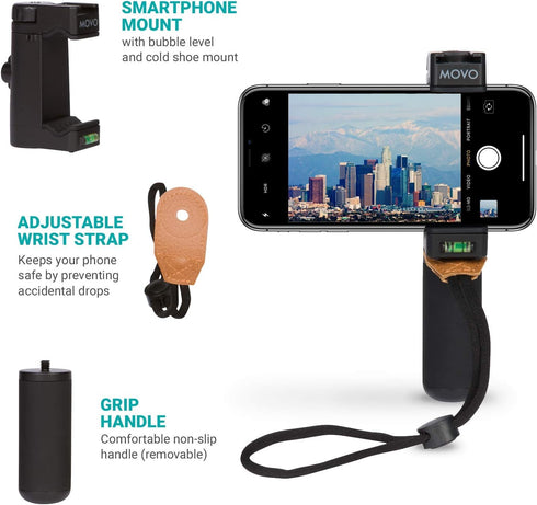 Movo PR-1 Smartphone Grip Handle Rig with Wrist Strap, Tripod Mount and Cold Shoe Mount for Lights and Microphones