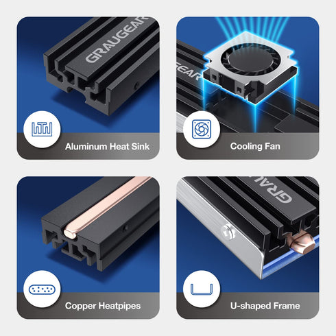 GRAUGEAR M.2 2280 SSD Heatsink with 20mm Cooling Fan, Copper Heat Pipe, Aluminum Plate-Fin Design, Thermal Pads Included