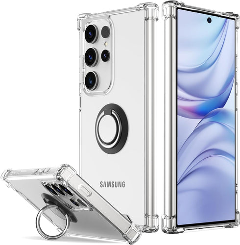 Galaxy S24 Ultra Case Clear with 360° Rotation Metal Ring Holder Stand, Soft TPU Bumper & Hard Protective Case for