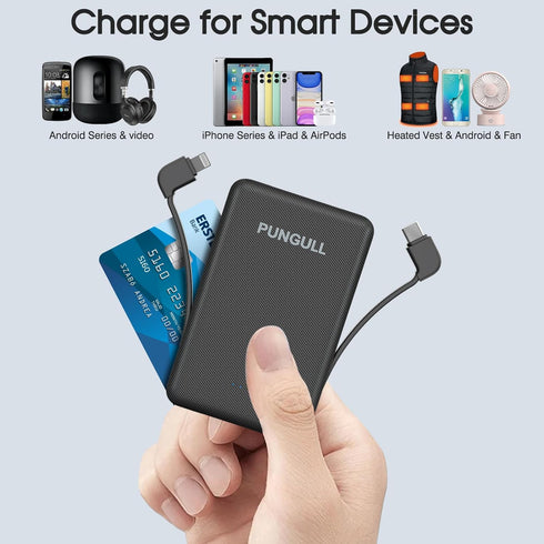 Slim Portable Charger 5000mAh, Compact Mini Power Bank with Built-in Cable for iPhones and Airpods