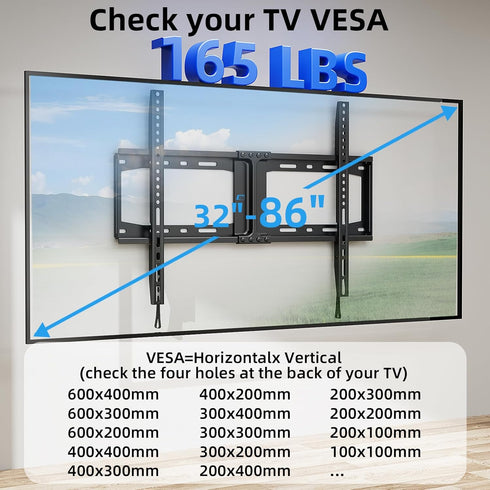 HOME VISION 32-86 Inch 600X400mm 165lbs 16/18/24 Inch HV8601 Heavy Duty Fixed TV Wall Mount for Most Flat TVs, Max VESA