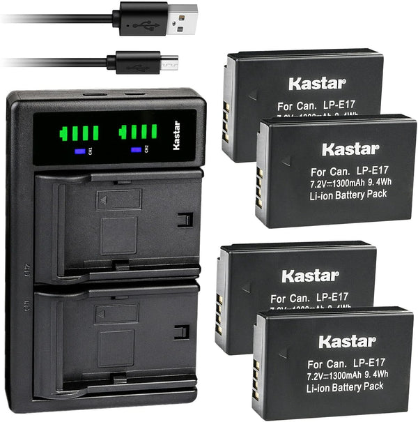 Kastar 4-Pack Battery and USB Charger for Canon LP-E17 LPE17, 9967B02, BG-E18 Grip, EOS R8, R50, R100 Cameras