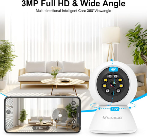VSTARCAM 3MP Cameras for Home Security, Pet Camera Indoor for Dog Camera with Phone APP Color Night Vision, Motion Detection, 2-Way Talk with Cloud & SD Card Storage