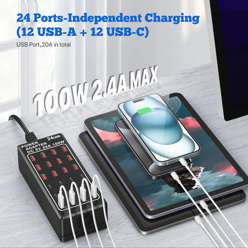 USB Charging Station Block, 24-Port 100W USB A Charger Block, Fast Charger Desktop Station for Apple iPhone, iPad,