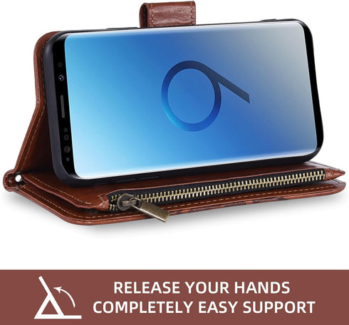 Asuwish Galaxy S9 Wallet Case: Flower Leather Flip, Tempered Glass Protector, Credit Card Holder, Stand Folio, Brown.
