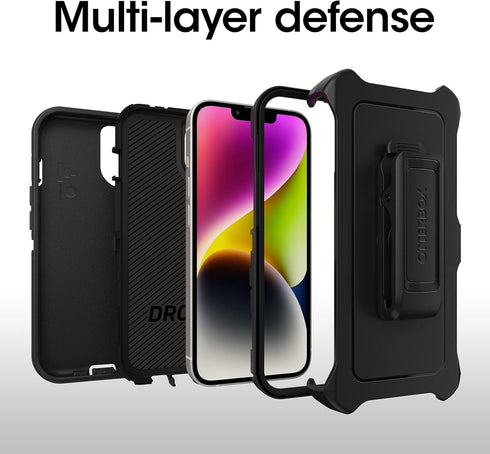 OtterBox 14 iPhone Plus Defender Series Case - Black, Rugged & Durable, with Port Protection, Includes Holster Clip