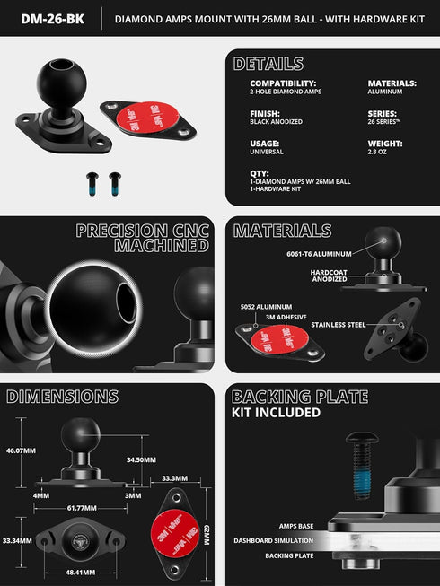 Tackform Diamond AMPS Mount - 25.4mm/1”/B-Sized System Compatible | 6061-T6 Aluminum Ball | 2-Hole Drill Base | Mount Direct to Dash, AMPS, or Grid Style Brackets | Includes Hardware Kit |
