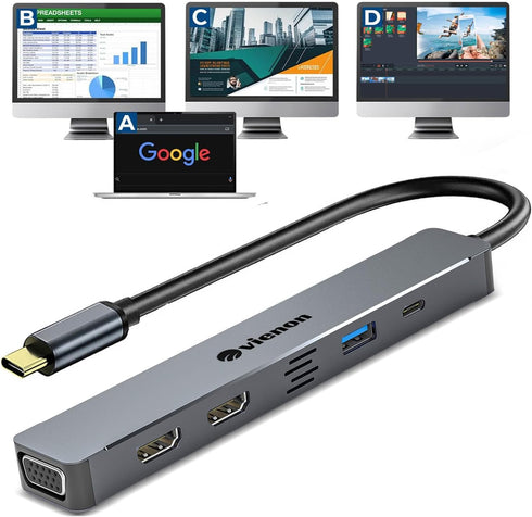 vienon USB C Hub HDMI VGA Adapter for Triple Monitor, 5-in-1 Laptop Docking