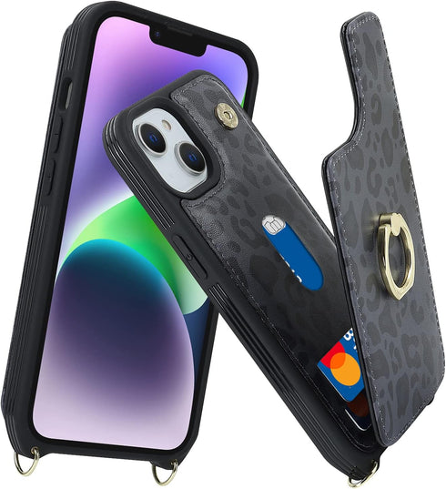 iPhone 13 Case with Card Holder for Women, Phone Case with Strap, Crossbody Lanyard, Ring Stand, Snap Clasp, Cute