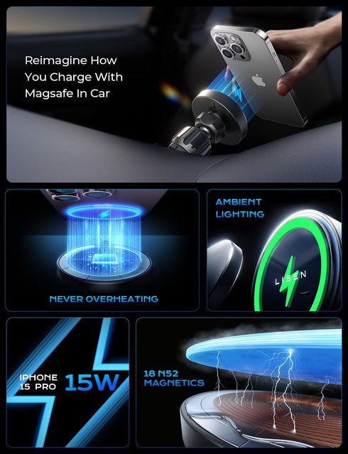LISEN 15W F150 17 16 15 14 13 12,Samsung for MagSafe Car Mount Charger,Wireless Car Charger,Magnetic Phone Holder