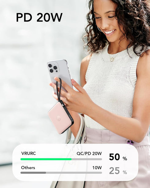 VRURC 22.5W 10000mAh Pack 17 16 S26 S25 Pink(1 Pack) Portable Charger for iPhone Built-in Cables, USB C Fast Charging