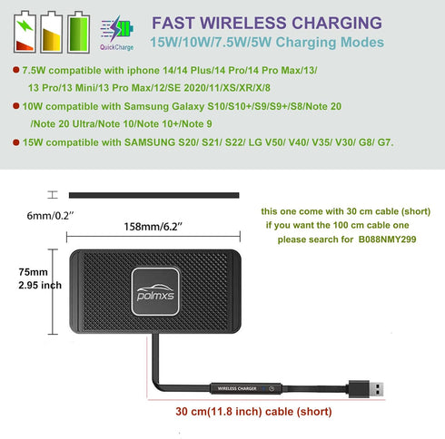 POLMXS Wireless Charger Car Charging Pad - 15W Fast Non-Slip Phone Charger Compatible with iPhone and Galaxy Models