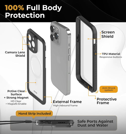 MOTIVE Waterproof Case for iPhone 15 Pro Max, Built-in Screen Protector, Compatible with MagSafe, Dustproof,