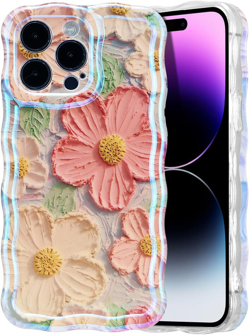 UEEBAI Case for iPhone 14 Pro Max 6.7 inch, Colorful Retro Oil Painting Flower Case Pretty Glossy Pattern Wave Case Cute Sparkly Floral Curly Cover Stylish Soft Case for Women and Girl - Orange Yellow