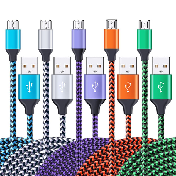 AILKIN 6ft Micro USB Cable 5-Pack, Nylon Braided, Fast Charging for Samsung Galaxy J8/J7/S7/S6/Edge/Note5, LG, Sony &