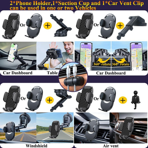Eluseastar Case,Black,2 Pack Cell Phone Holder for Car Mount Dashboard Windshield Air Vent Scalable Long Arm Fit All