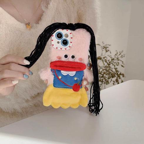 Cute Kawaii 3D Cartoon iPhone 14 Case - Plush, Furry, Shockproof, Winter Warm, DIY Hair Braids for Women & Girls (Snow