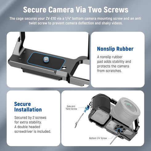NEEWER ZV-E10 Camera Cage with Silicone Grip, 1/4" Threads, ARRI Holes, Arca Type QR Base, Compatible with DJI Gimbals