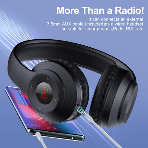 X5 Wireless FM Radio Headphones with Bluetooth, Portable Over Ear Headset, Built-in Microphone, Rechargeable, Stereo