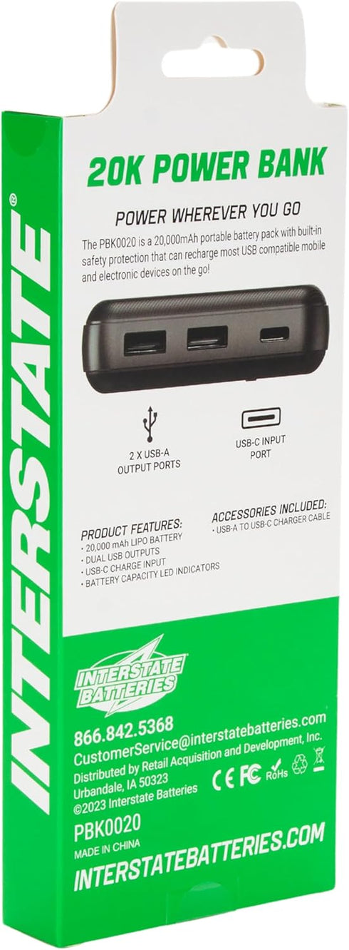 Interstate Batteries 20,000mAh Power Bank Charger for Cell Phones, Electronics, Emergencies (5V, 20Ah) with LED USB