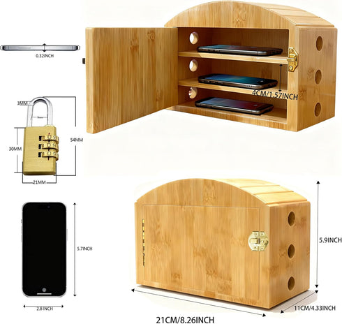MuyuRise 6 6 Phone Box for Family Time with Combination Lock, Premium Bamboo Wood Cell Phone Jail with Charging Holes
