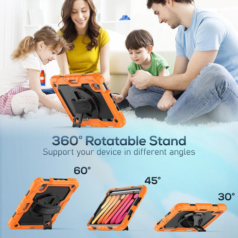 SEYMAC Full-Body Shockproof Protective Case for iPad Mini 6 8.3 Inch, Orange with Screen Protector, 360° Rotating