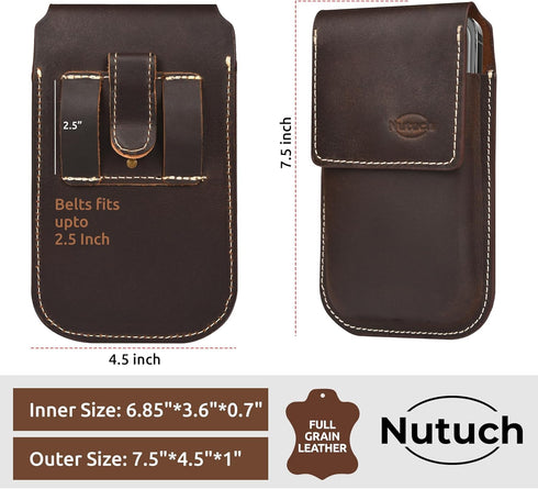 Genuine Leather Phone Holster with Belt Clip, Cell Phone Pouch for iPhone and Smartphone, Leather Phone Case