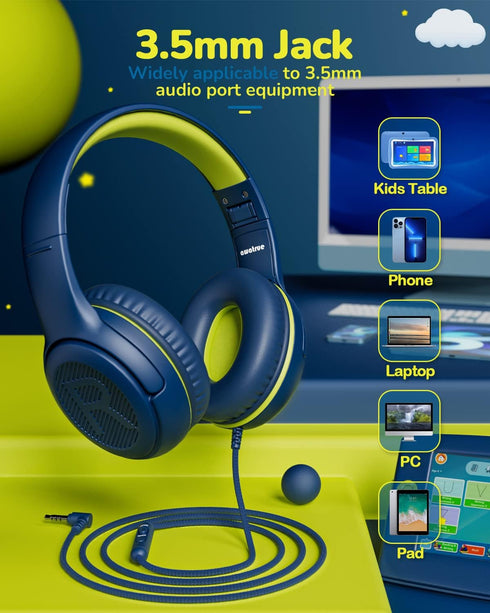 Kids Headphones for School, Toddler Wired Headset with Microphone, Volume Control, Blue Green, for 3+ Year Olds,
