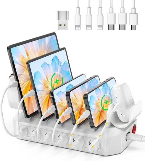 60W Phone Charging Station for Multiple Devices, 6-Port USB Charging Dock with 6 Cables for iPad, iPhone, Tablet, Cell