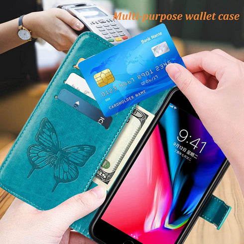 iPhone SE 2022/SE 2020 Case, 6/6S/7/8 Wallet Case | Butterfly Floral Embossed Leather Protective Flip Cover with Card