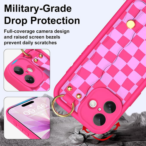 Jefonha 17 Compatible with Phone Case with Finger Hand Strap for Girls Women, Cute Checkered Checkerboard Phone Case
