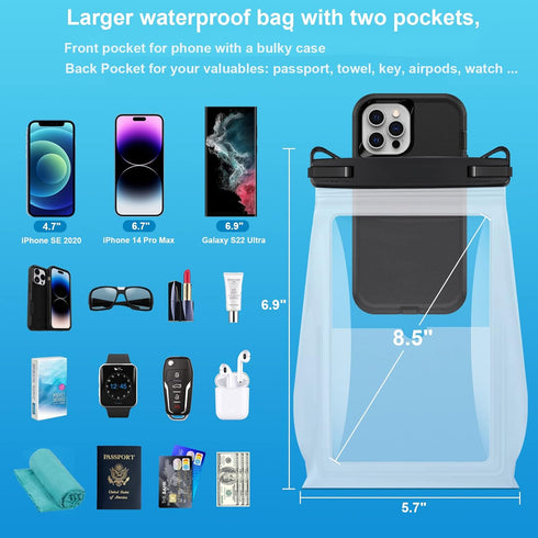 Large Waterproof Phone Pouch Floating, Waterproof Phone Case for iPhone 15 14 Pro Max 13 12 Plus 11 XS XR X Samsung up to 8.5'', IPX8 Water Proof Cell Phone Dry Bag for Beach Swimming Kayaking